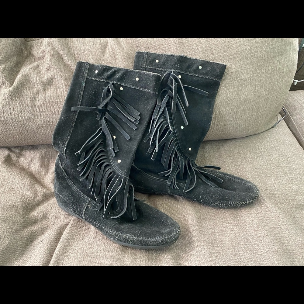 Studded and Fringed Black Suede Minnetonka Boots